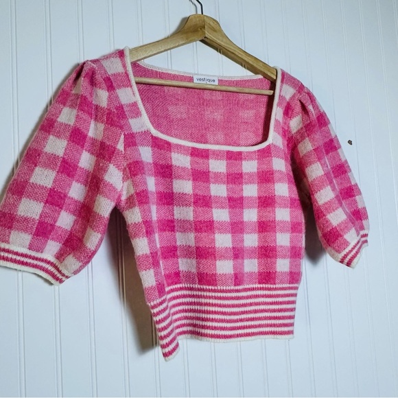 Vestique Brielle Plaid Puff Sleeve Sweater Pink Checkered Top Large Crop Fit - Picture 6 of 10